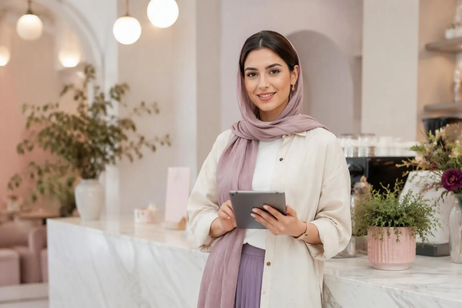 صاحب کافه با تبلت پشت پیشخوان
